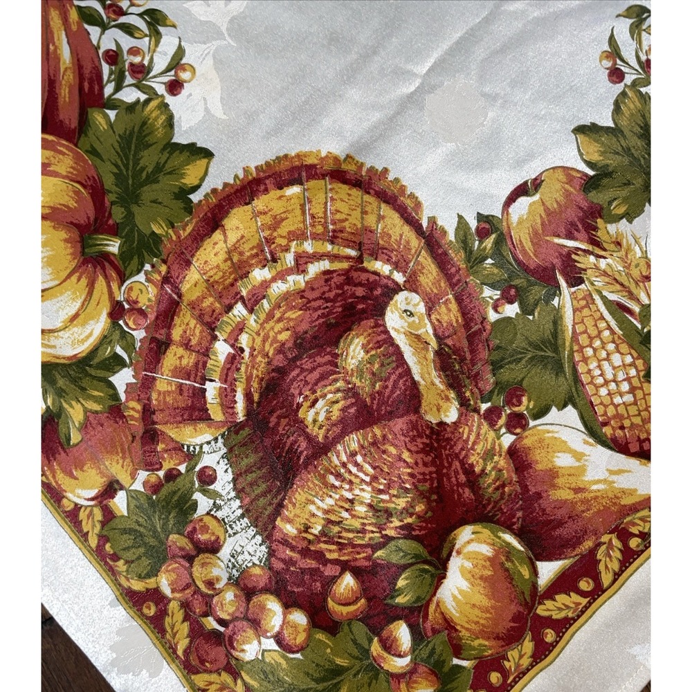 Vtg Thanksgiving Tablecloth 56"X115"Harvest‎ Turkey Pumpkins Fall - Stunning!